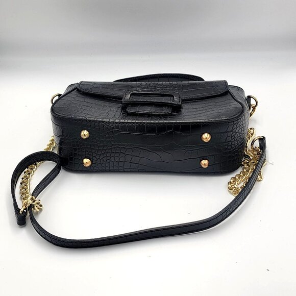 Black Croc Embossed Genuine Leather Crossbody Bag with Gold Chain Strap & Buckle - Picture 7 of 15